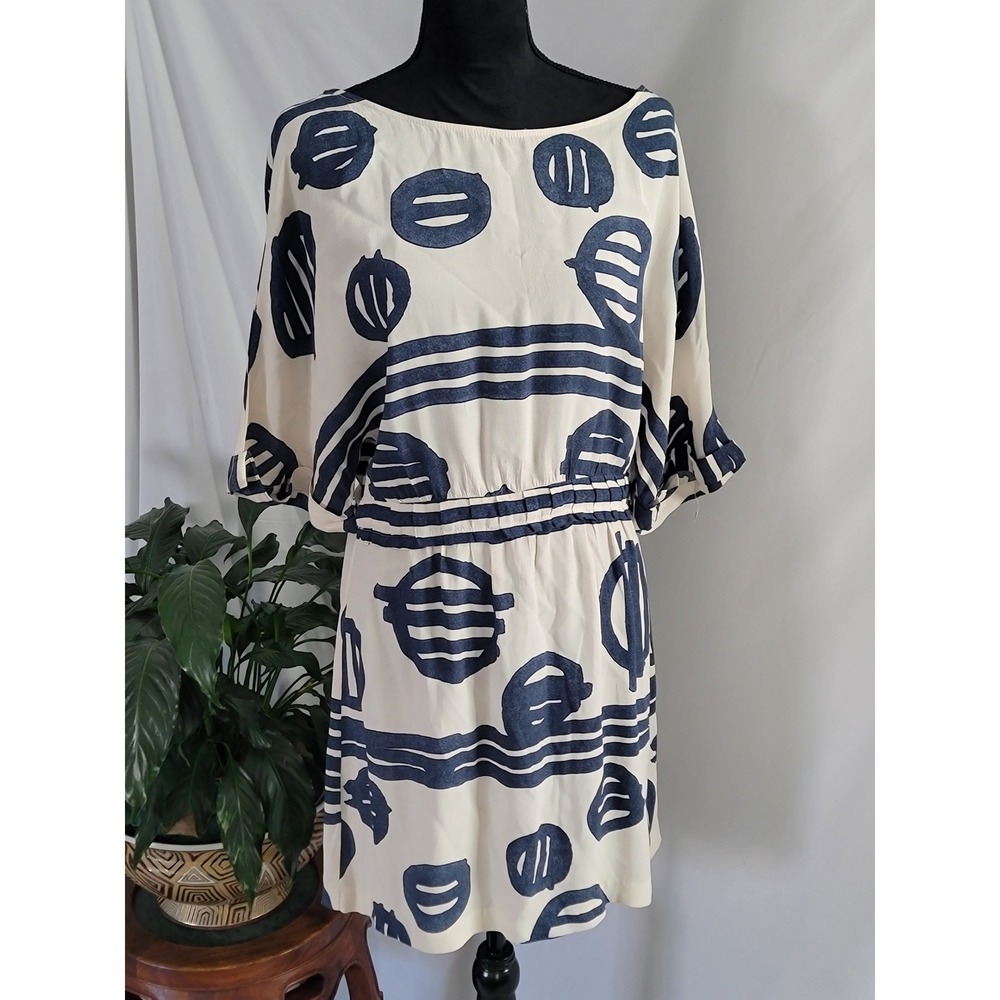 Zara Basic Womens Cream Navy Blue Abstract Graphic Print Belted Dress Size M